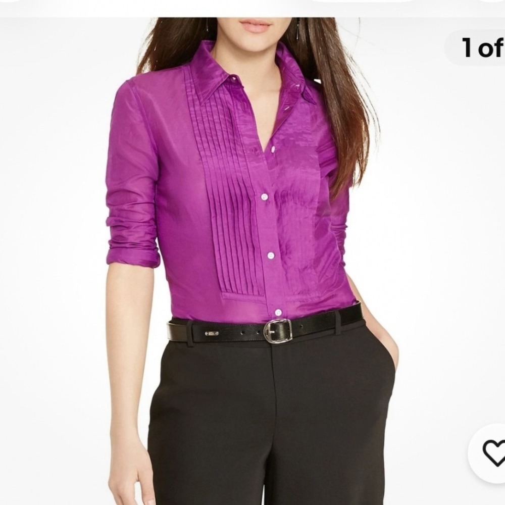 Lauren Ralph Lauren Purple Pintucked Cotton-Silk Pleat Bib Shirt 2
